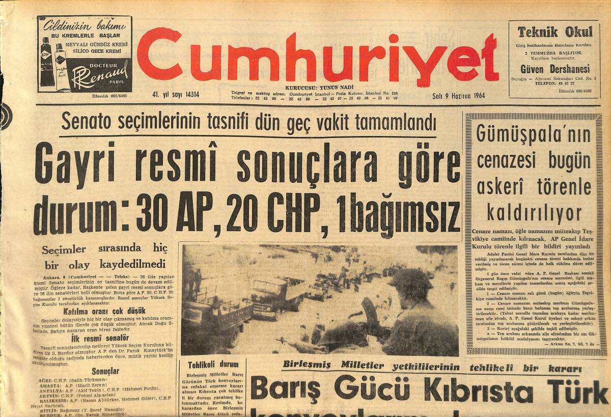 Cumhuriyet Gazetesi 9 Haziran 1964 - Ankara Semt Mezarlıkları Kuruluyor - İtalya Ligini İnter'i Yenen Bologna Aldı GZ160367 - 1