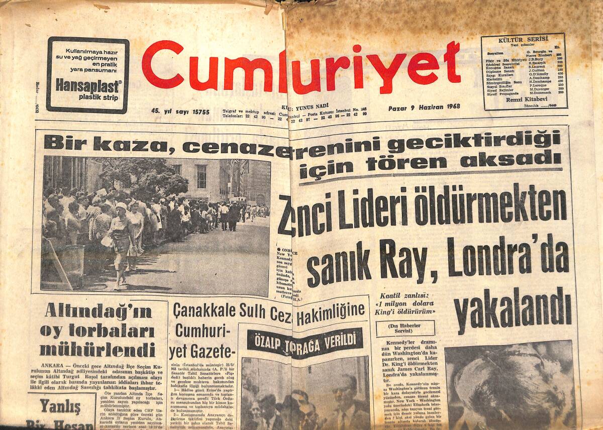 Cumhuriyet Gazetesi 9 Haziran 1968 - Altındağ'ın Oy Torbaları Mühürlendi - Zenci Lideri Öldürmekten Sanık Ray, Londra'da Yakalandı! GZ139046 - 1