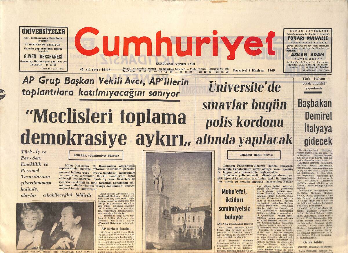 Cumhuriyet Gazetesi 9 Haziran 1969 - Bursa Cezaevinde Çıkan İsyan Bastırıldı - Robert Taylor Öldü GZ161199 - 1