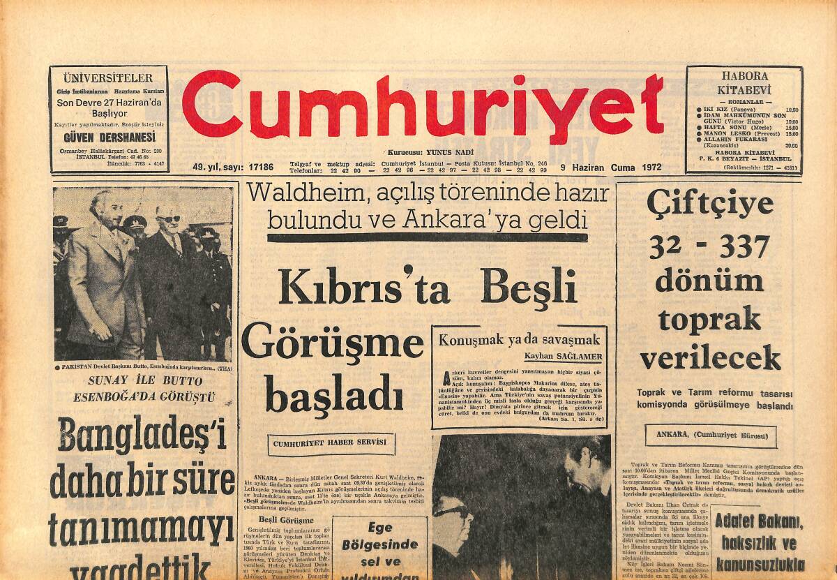 Cumhuriyet Gazetesi 9 Haziran 1972 - Kıbrıs'ta Beşli Görüşme Başladı - Kemanından Şikayet Eden Bir Virtüöz GZ143197 - 1