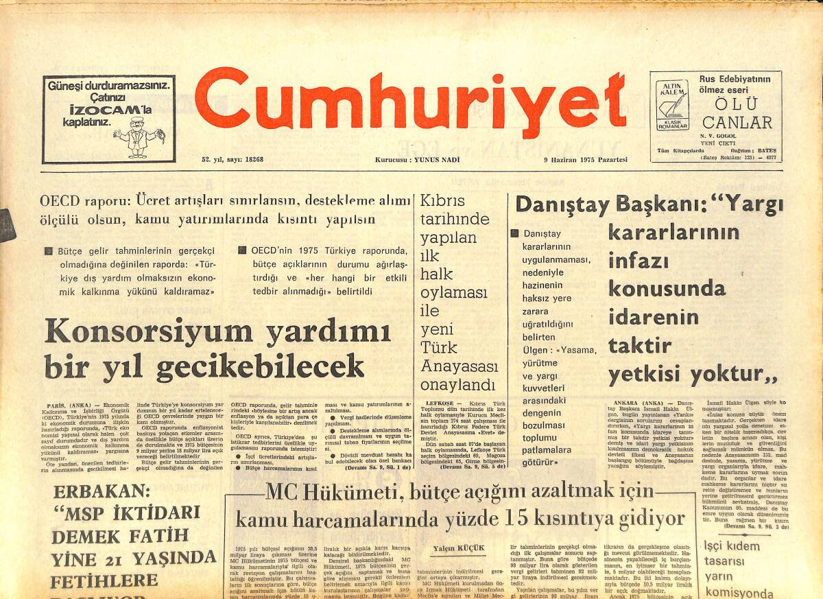 Cumhuriyet Gazetesi 9 Haziran 1975 - Maraş'ta Yılmaz Güney'in Filminin Oynatıldığı İki Sinemayı Komandolar Tahrip Etti - TRT'de Her Şey Durdu GZ143629 - 1