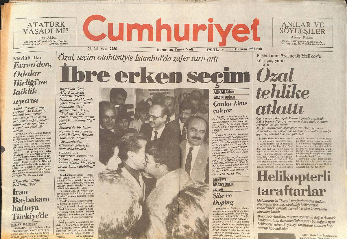 Cumhuriyet Gazetesi 9 Haziran 1987 - Özal Tehlike Atlattı - Ebu Simbel Tapınağı, 66 Ayda Taşınmış GZ140044 - 1