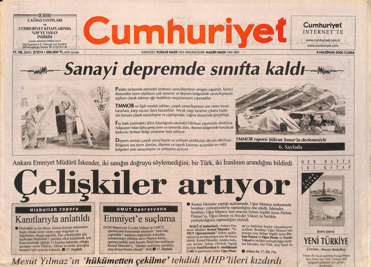 Cumhuriyet Gazetesi 9 Haziran 2000 - Levent Kırca Bu Kez Ağlatıyor - Çakıcı'ya Gıyabi Tutuklama Kararı GZ3395 - 1