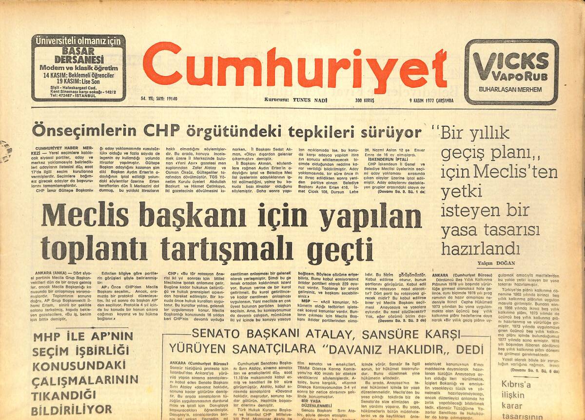 Cumhuriyet Gazetesi 9 Kasım 1977 - Dövizsizlikten Kağıt Üretimi Duracak - Afrodisyas Müzesinden Çalınan Mermer Heykel Başı New York'ta Ortaya Çıktı GZ142683 - 1