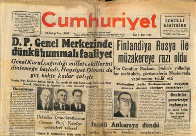 Cumhuriyet Gazetesi 9 Mart 1948 - Finlandiya Rusya İle Müzakereye Razı Oldu GZ71505 - 2