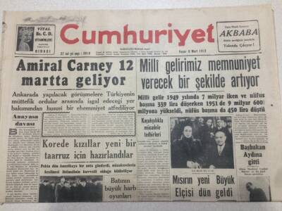 Cumhuriyet Gazetesi 9 Mart 1952 - Amiral Carney 12 Martta Geliyor GZ52730 - 1