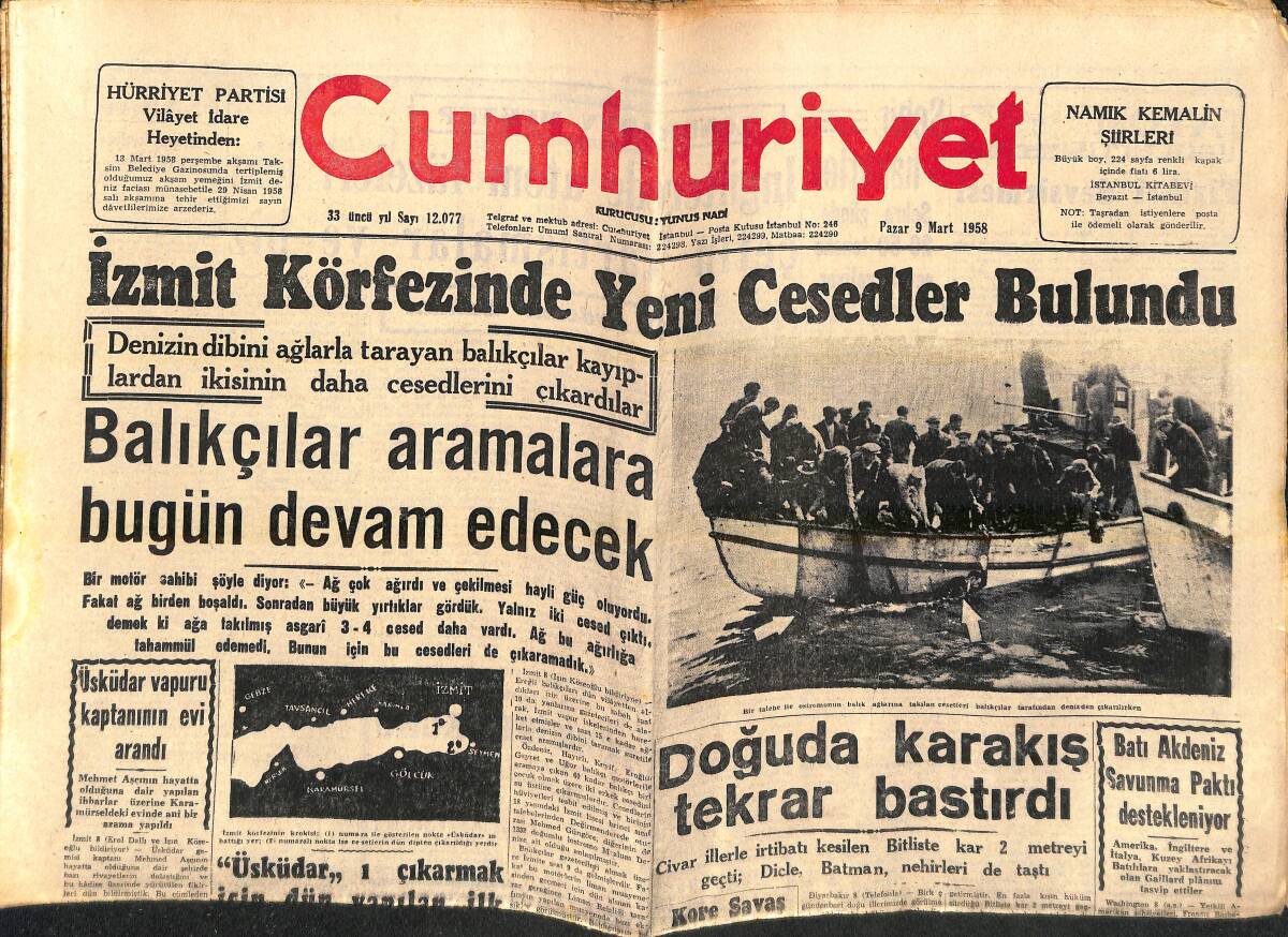 Cumhuriyet Gazetesi 9 Mart 1958 - Batı Akdeniz Savunma Paktı Destekleniyor - Üsküdar Vapuru Kaptanının Evi Arandı - Yemen de Nasır'ın Kontrolü Altında GZ139140 - 1