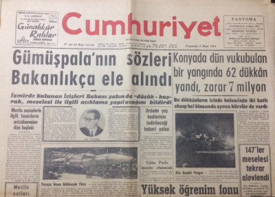 Cumhuriyet Gazetesi 9 Mart 1961 - Gümüşpalanın Sözleri Bakanlıkça Ele Alınacak - GZ12605 - 2