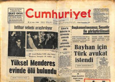 Cumhuriyet Gazetesi 9 Mart 1972 - Yüksek Menderes Evinde Ölü Bulundu GZ96943 - 1