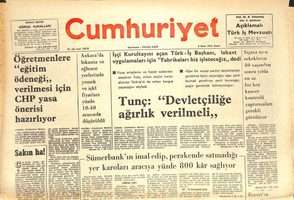 Cumhuriyet Gazetesi 9 Mart 1975 - Sümerbank'ın İmal Edip , Perakende Satmadığı Yer Karoları Aracıya Yüzde 800 Kâr Sağlıyor GZ143719 - 1