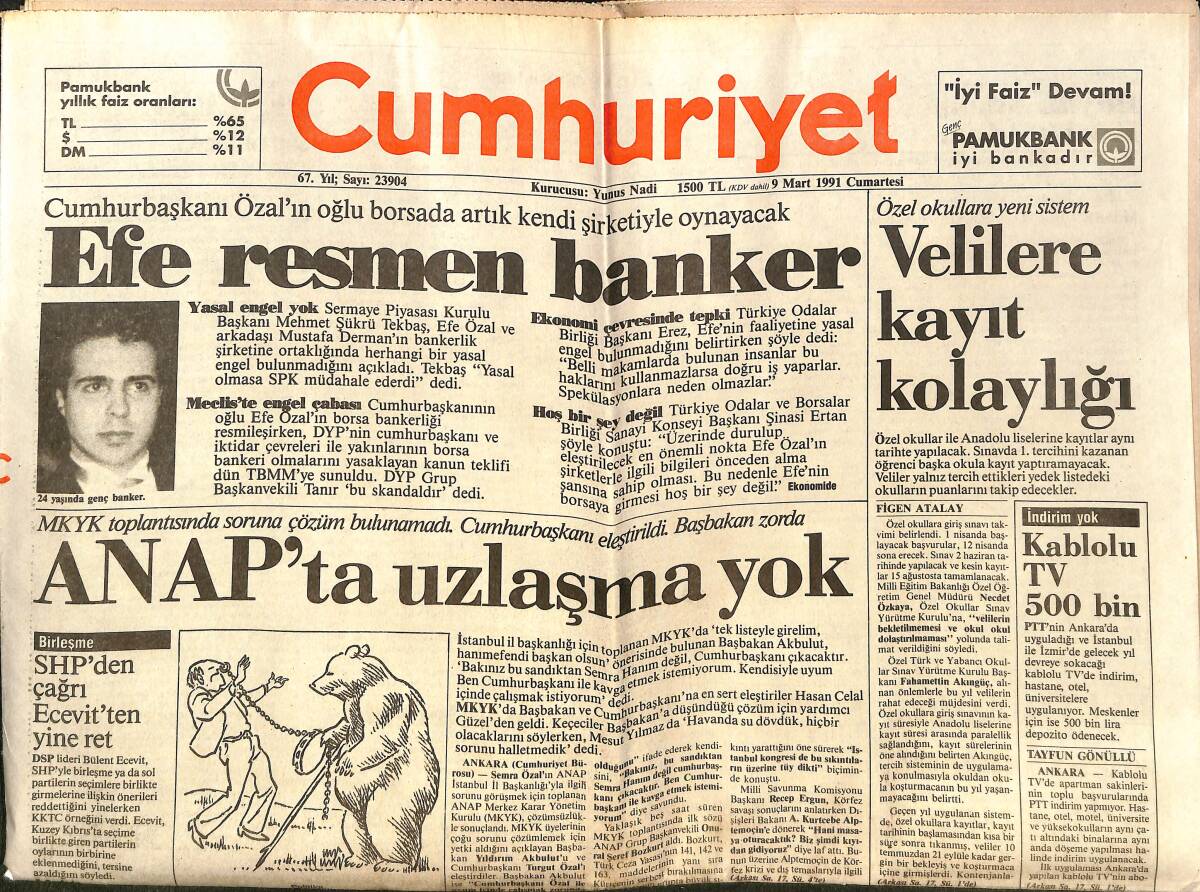 Cumhuriyet Gazetesi 9 Mart 1991 - Irak İç Savaş Dönemecinde - Özal'ın Çantasında Dış Türkler De Var - Kablolu TV 500 Bin GZ140056 - 1