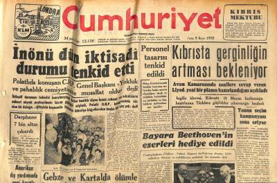 Cumhuriyet Gazetesi 9 Mayıs 1958 - Bayara Beethovenin Eserleri Hediye Edildi - Kıbrısta Gerginliğin Artması Bekleniyor GZ120421 - 1