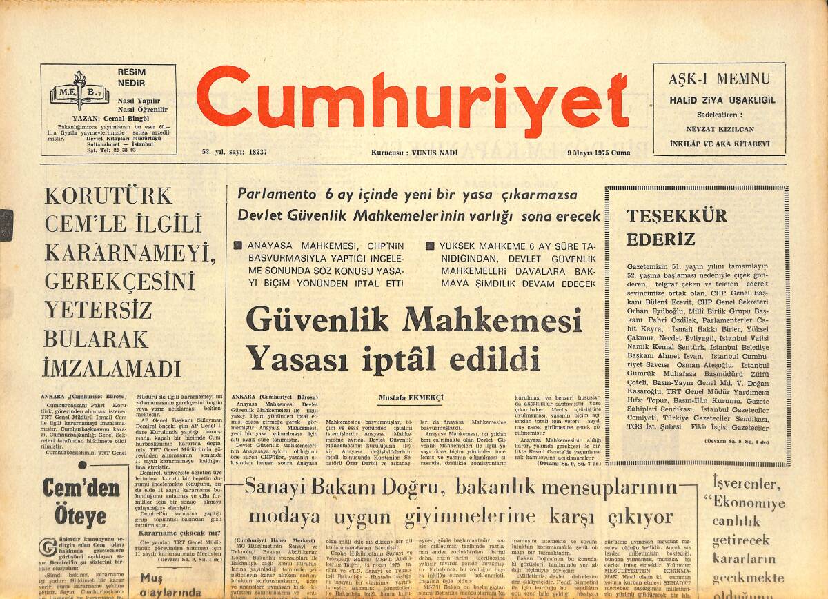 Cumhuriyet Gazetesi 9 Mayıs 1975 - Güvenlik Mahkemesi Yasası İptal Edildi! - MC Hükümetinin Getirdiği Açıklık GZ143768 - 1