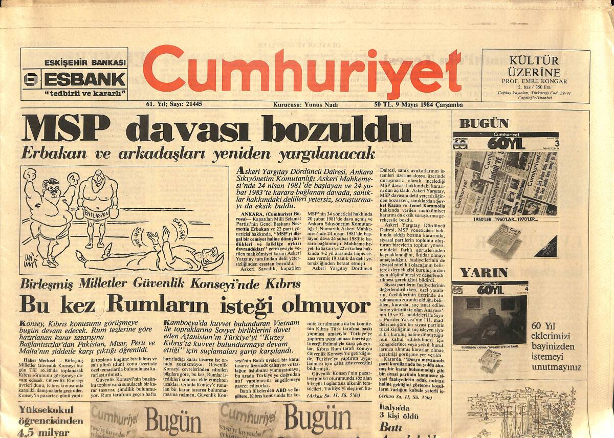 Cumhuriyet Gazetesi 9 Mayıs 1984 - MSP Davası Bozuldu - Futbolun Ayak İzleri GZ155398 - 1