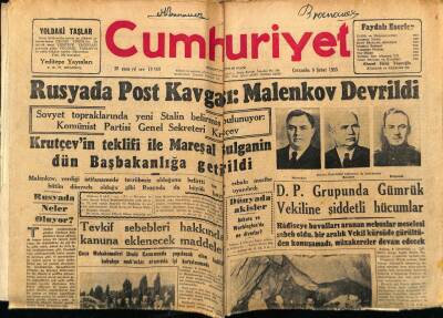 Cumhuriyet Gazetesi 9 Şubat 1955 - Rusyada Post Kavgası,Malenkov Devrildi GZ78089 - 1