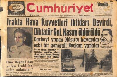 Cumhuriyet Gazetesi 9 Şubat 1963 - Irakta Hava Kuvvetleri İktidarı Devirdi , Diktatör Gnl. Kasım Öldürüldü GZ120562 - 1