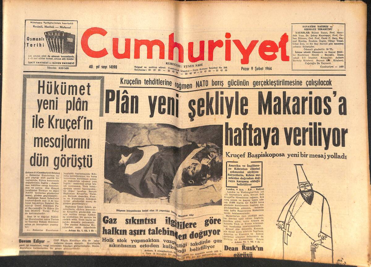 Cumhuriyet Gazetesi 9 Şubat 1964 - Hükümet Yeni Plan İle Kruçef'in Mesajlarını Dün Görüştü - G. Saray Antalyada Karmayı Açık Farkla Mağlup Etti:4-0 GZ139939 - 1