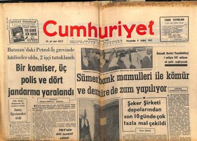 Cumhuriyet Gazetesi 9 Şubat 1967 - Sümerbank Mamulleri İle Kömür Ve Demire Zam Yapılıyor GZ103162 - 1