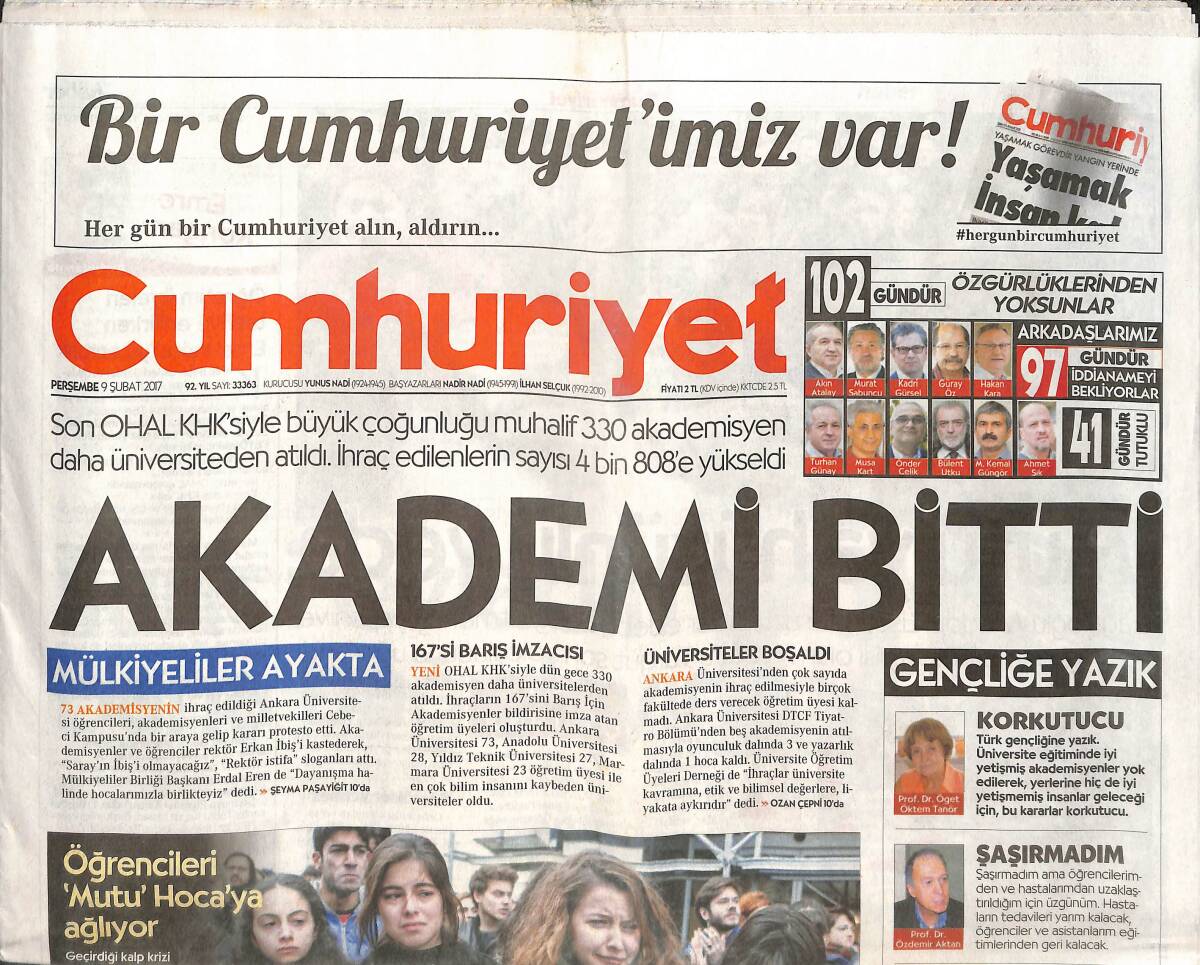 Cumhuriyet Gazetesi 9 Şubat 2017 - CHP'DEN Gençlere Referandum Mektubu - Pompeo Ankara'ya Geliyor - Farazi Savunma GZ135382 - 1