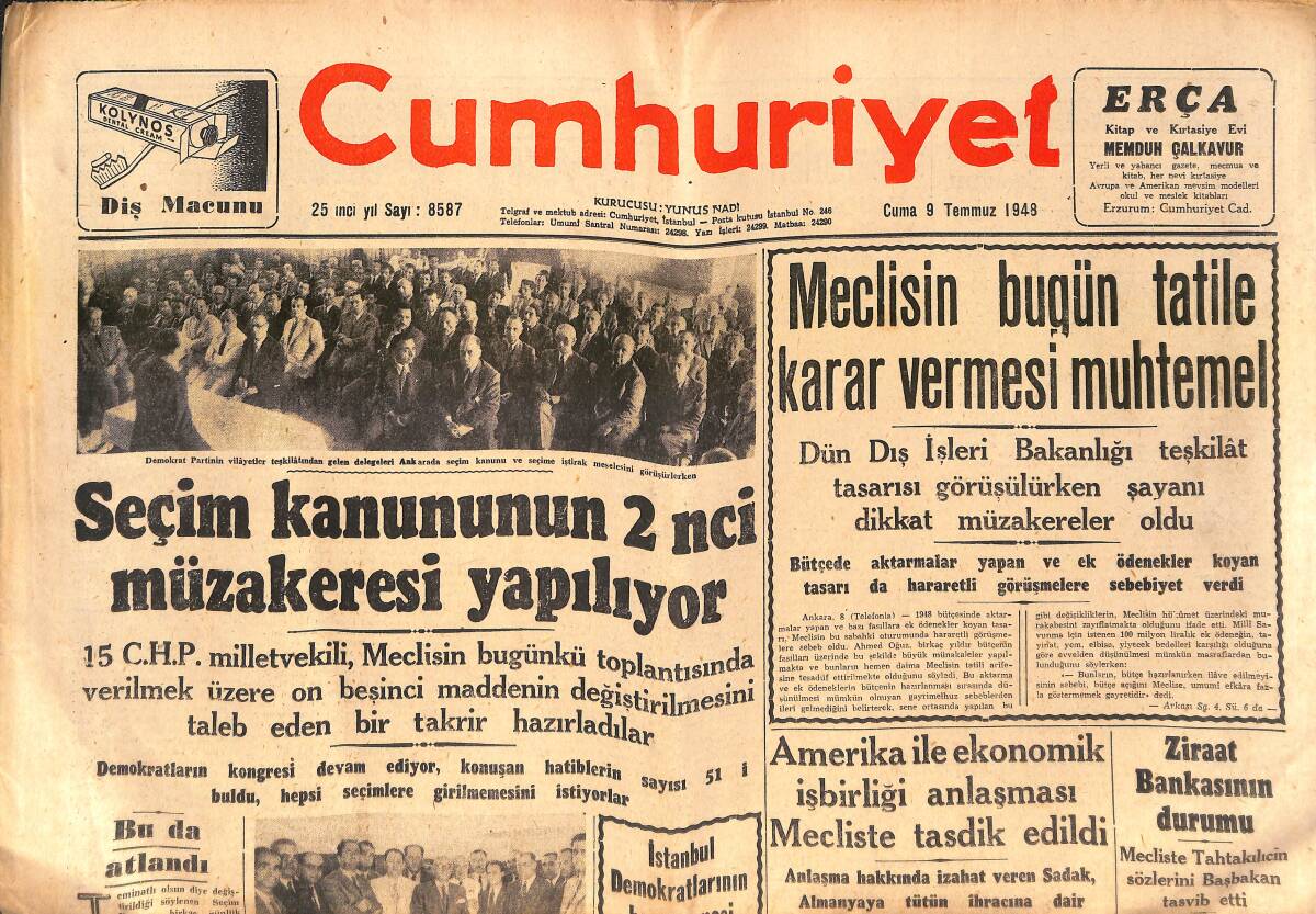Cumhuriyet Gazetesi 9 Temmuz 1948 - Filistin'de Harb Tekrar Başladı - Seçim Kanununun 2. Müzakeresi Yapılıyor GZ149413 - 1
