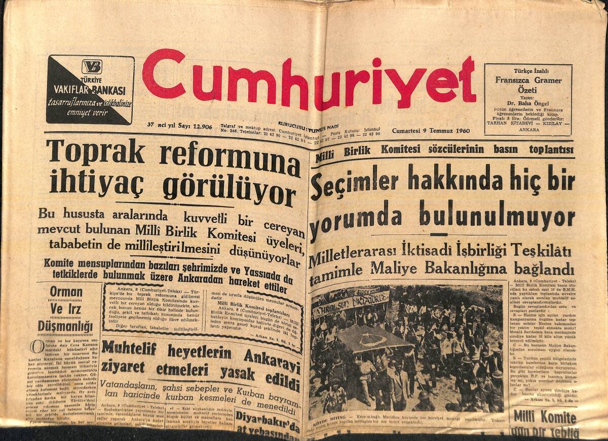 Cumhuriyet Gazetesi 9 Temmuz 1960 - Milli Komite Dün Bir Tebliğ Yayınladı - G.Saray Rostovda Mağlup - Menderesin Her Ay 11.500 Lira Aldığı Tespitlendİ GZ139120 - 1
