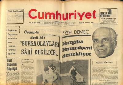 Cumhuriyet Gazetesi 9 Temmuz 1965 - Bursa Olayları 6 Sanık Hakkında Gıyabi Tevkif Kararı Verildi GZ59211 - 1