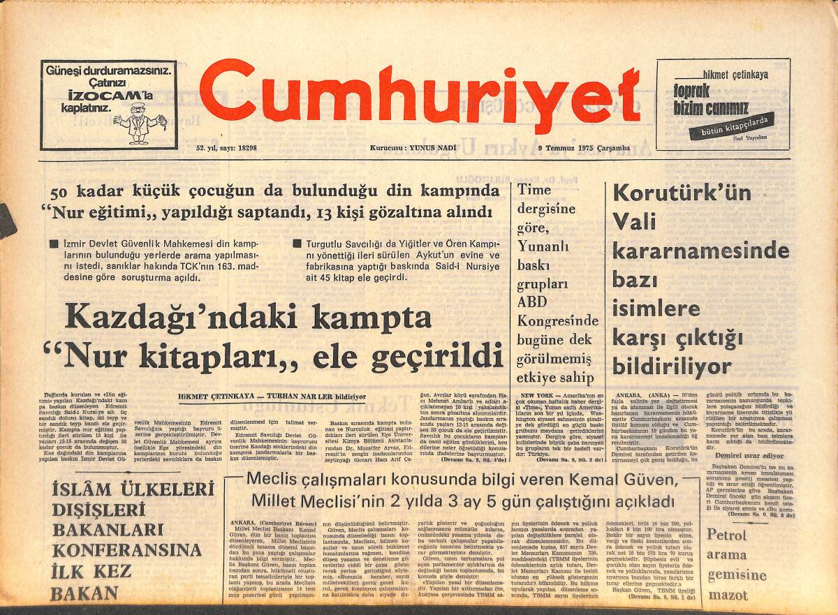 Cumhuriyet Gazetesi 9 Temmuz 1975 - Kazdağı'ndaki Kampta Nur Kitapları Ele Geçirildi! - Celal Bayar'ın Ciddiyeti GZ143811 - 1