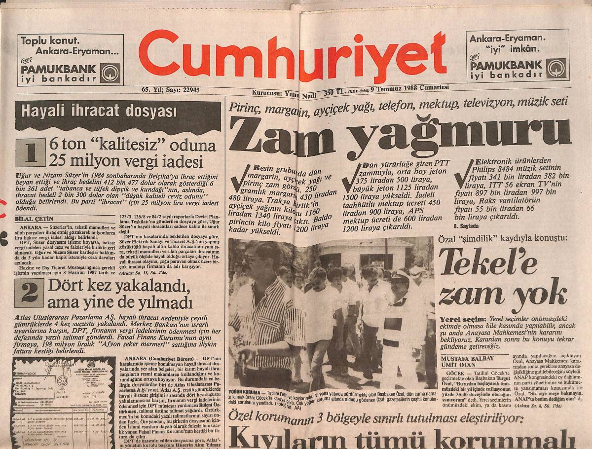 Cumhuriyet Gazetesi 9 Temmuz 1988 - Barış Davasında Yeni Ceza İstemi - Tekel'e Zam Yok GZ151983 - 1