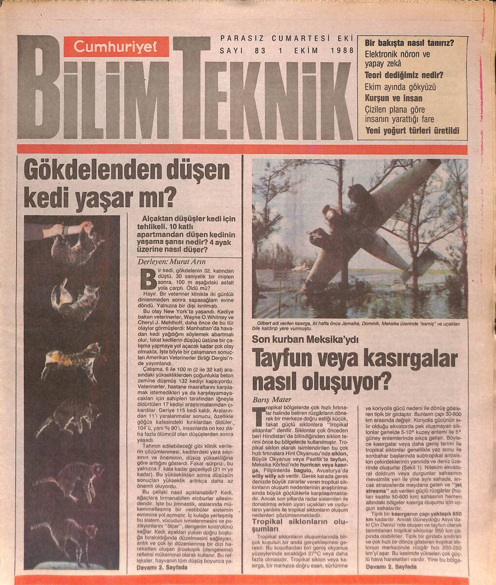 Cumhuriyet Gazetesi Bilim Teknik Eki 1 Ekim 1988 - Tayfun Veya Kasırgalar Nasıl Oluşuyor? - Yeni Yoğurt Türleri Üretildi GZ137436 - 1