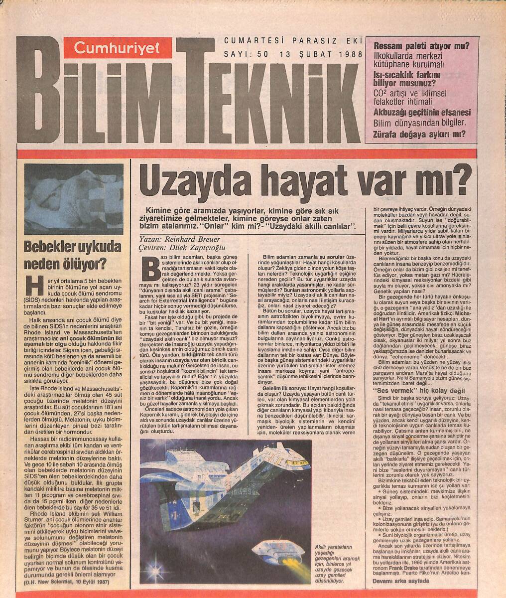 Cumhuriyet Gazetesi Bilim Teknik Eki 13 Şubat 1988 - Bebekler Uykuda Neden Ölüyor? - Zürafa Doğaya Aykırı Mı? GZ137465 - 1