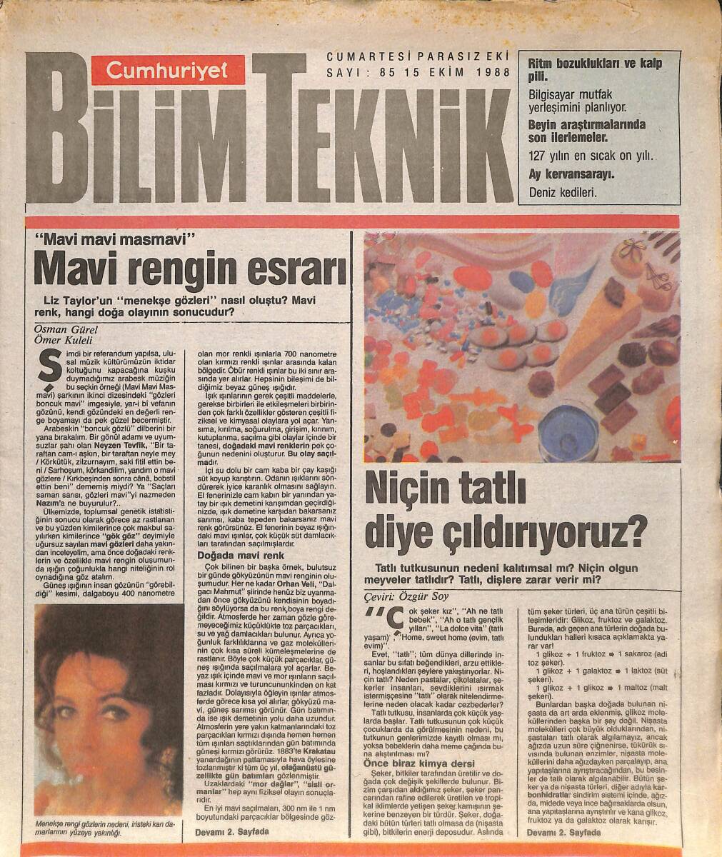 Cumhuriyet Gazetesi Bilim Teknik Eki 15 Ekim 1988 - Mavi Rengin Esrarı - Beyin Araştırmalarında Son İlerlemeler GZ137434 - 1