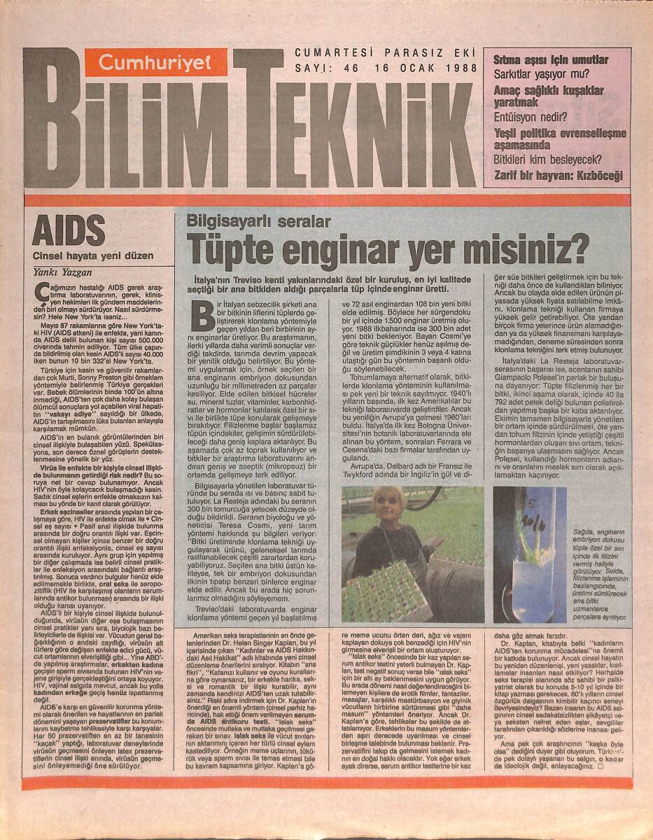 Cumhuriyet Gazetesi Bilim Teknik Eki 16 Ocak 1988 - Sıtma Aşısı İçin Umutlar Arttı - Benzen Yasaklanıyor GZ137368 - 1