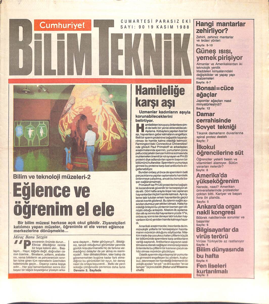 Cumhuriyet Gazetesi Bilim Teknik Eki 19 Kasım 1988 - Hamileliğe Karşı Aşı - Okullarda Süt Yeniden Başlatılmalı GZ137432 - 1