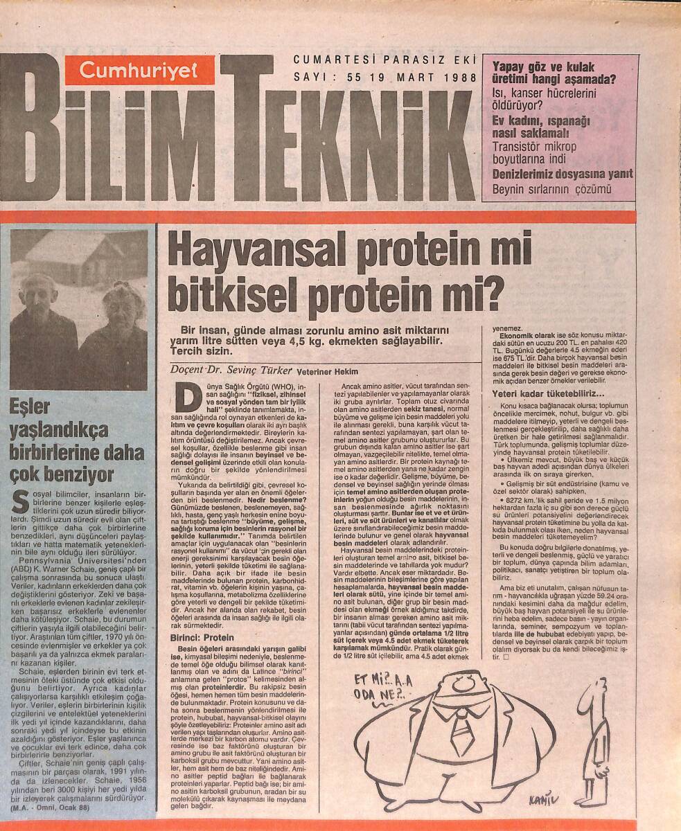 Cumhuriyet Gazetesi Bilim Teknik Eki 19 Mart 1988 - Hayvansal Protein Mi Bitkisel Protein Mi? - Her Dişiye Bir Erkek Kural Değil GZ137460 - 1