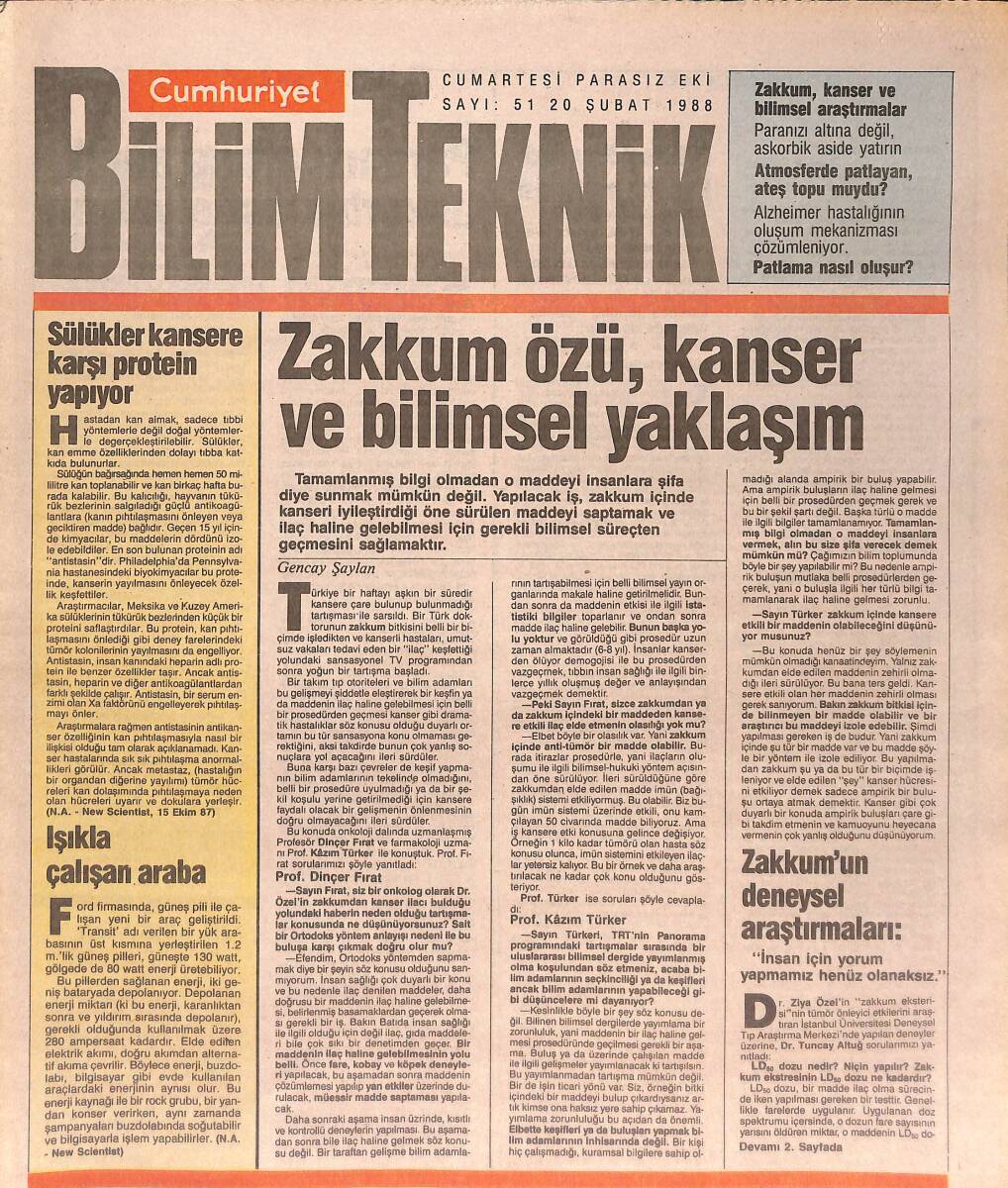 Cumhuriyet Gazetesi Bilim Teknik Eki 20 Şubat 1988 - Zakkum Özü, Kanser Ve Bilimsel Yaklaşım - Sülükler Kansere Karşı Protein Yapıyor GZ137464 - 1