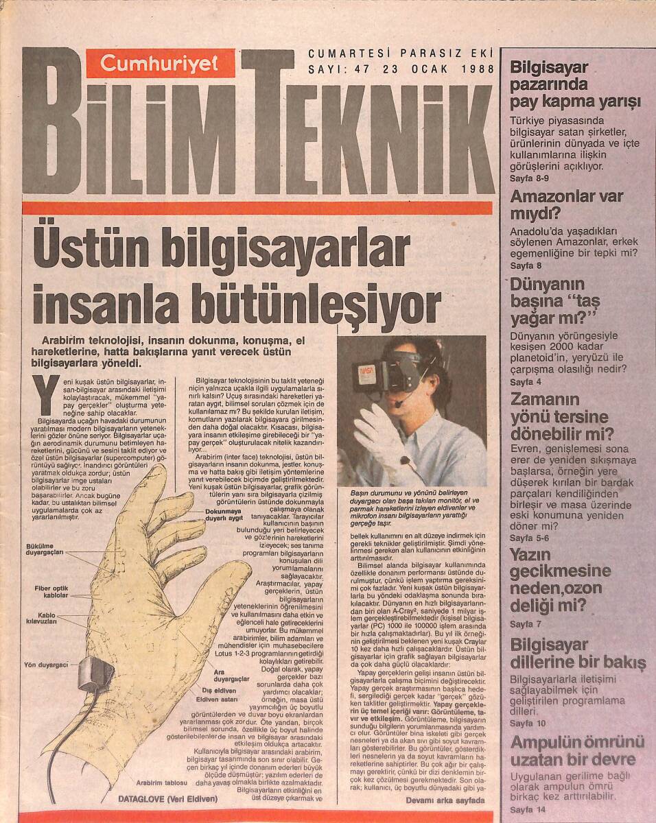 Cumhuriyet Gazetesi Bilim Teknik Eki 23 Ocak 1988 - Üstün Bilgisayarlar İnsanla Bütünleşiyor - Bilgisayar Pazarında Pay Kapma Yarışı GZ137468 - 1