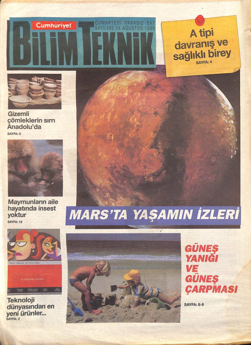 Cumhuriyet Gazetesi Bilim Teknik Eki 24 Ağustos 1996 - Mars'ta Yaşamın İzleri - Maymunlar İnsest'ten Kaçınır... GZ155726 - 1