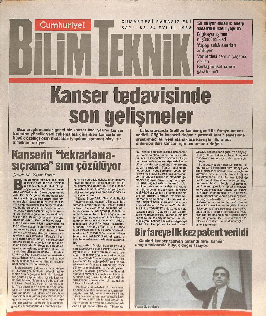 Cumhuriyet Gazetesi Bilim Teknik Eki 24 Eylül 1988 - Kanser Tedavisinde Son Gelişmeler - AIDS'E Karşı 'Tuzak İlaç' Hastalarda Deneniyor GZ137437 - 1