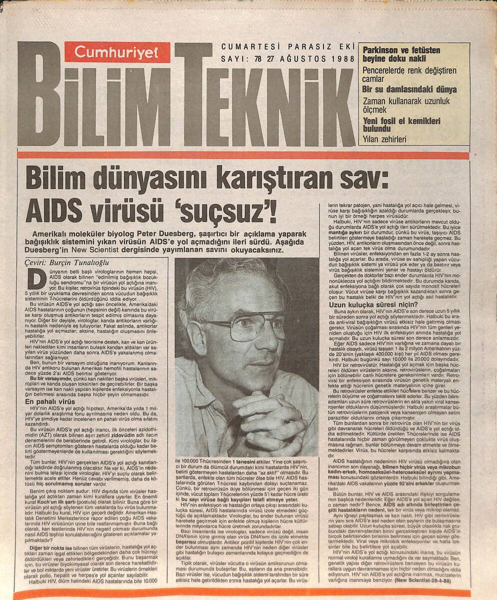 Cumhuriyet Gazetesi Bilim Teknik Eki 27 Ağustos 1988 - Bilim Dünyasını Karıştıran Sav: AIDS Virüsü Suçsuz! - Bir Su Damlasındaki Dünya GZ137441 - 1