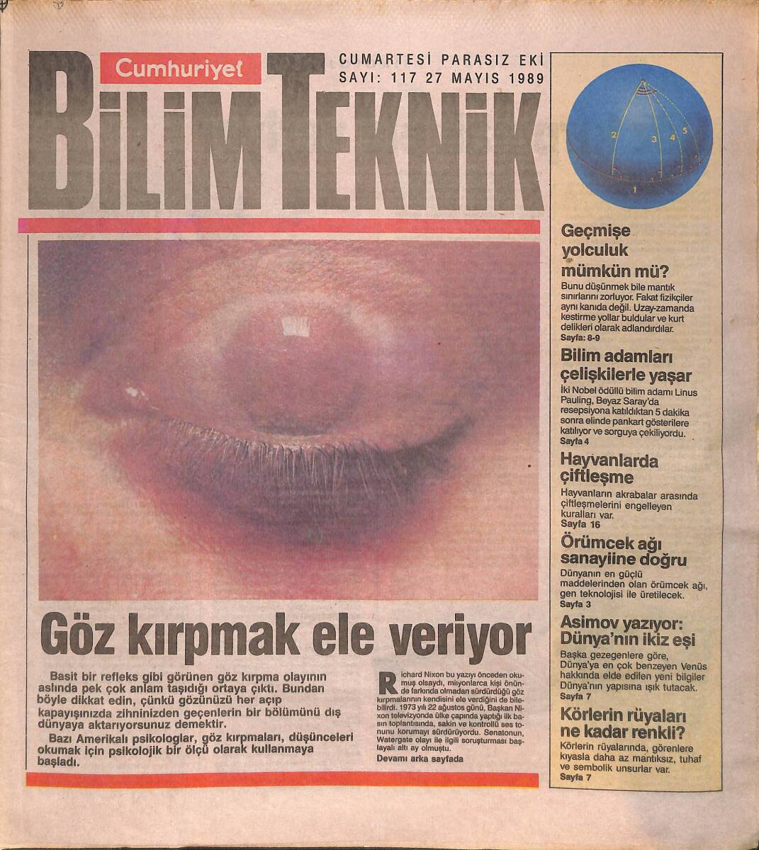 Cumhuriyet Gazetesi Bilim Teknik Eki 27 Mayıs 1989 - Geçmişe Yolculuk Mümkün Mü - Asimov Yazıyor: Dünya'nın İkiz Eşi GZ137327 - 1