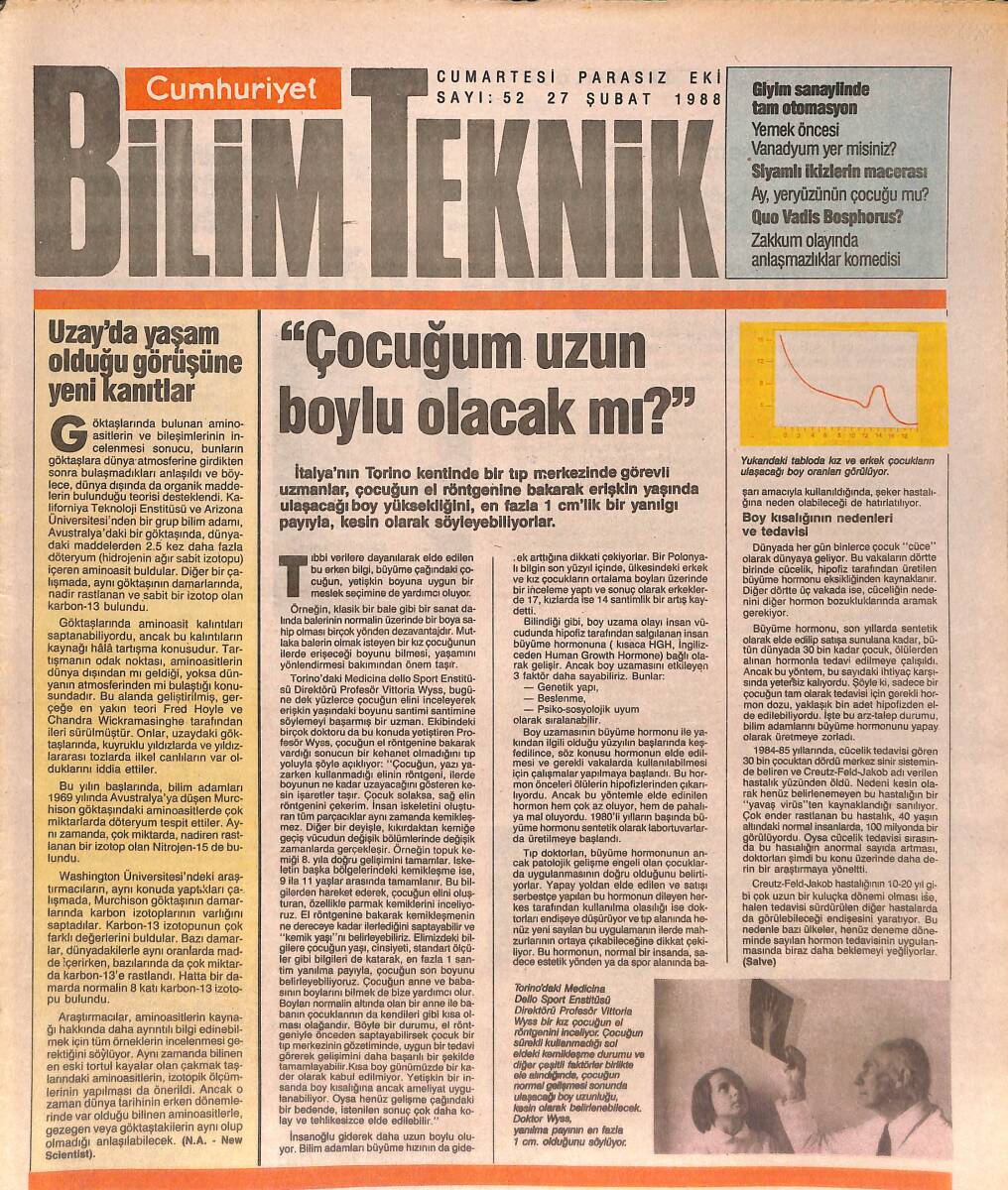 Cumhuriyet Gazetesi Bilim Teknik Eki 27 Şubat 1988 - Uzay'da Yaşam Görüşüne Yeni Kanıtlar - Kulaklar Yiyecekleri Nasıl Ayırt Eder? GZ137463 - 1