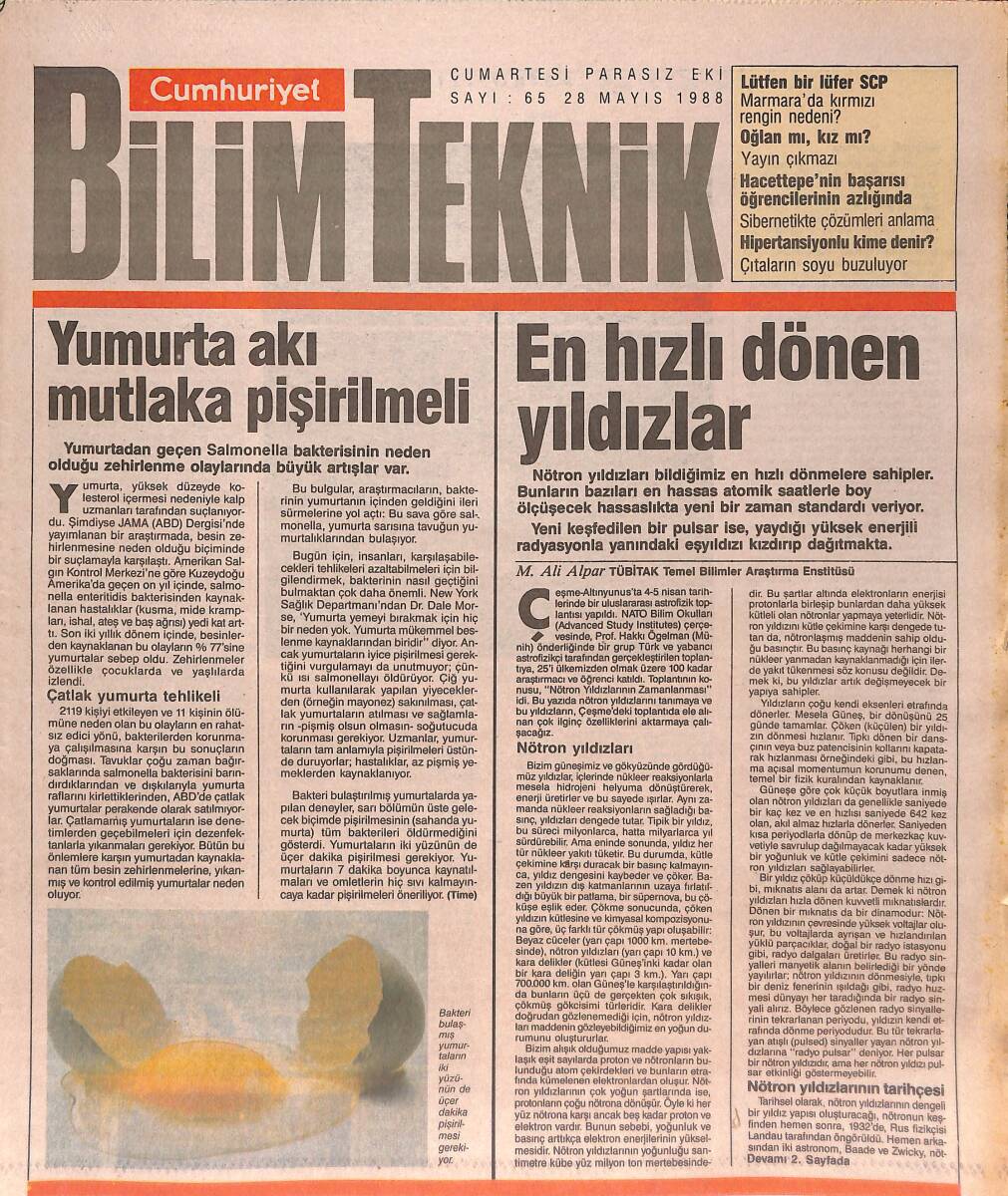 Cumhuriyet Gazetesi Bilim Teknik Eki 28 Mayıs 1988 - En Hızlı Dönen Yıldızlar - Marmarada Kırmızı Rengin Nedeni GZ137453 - 1