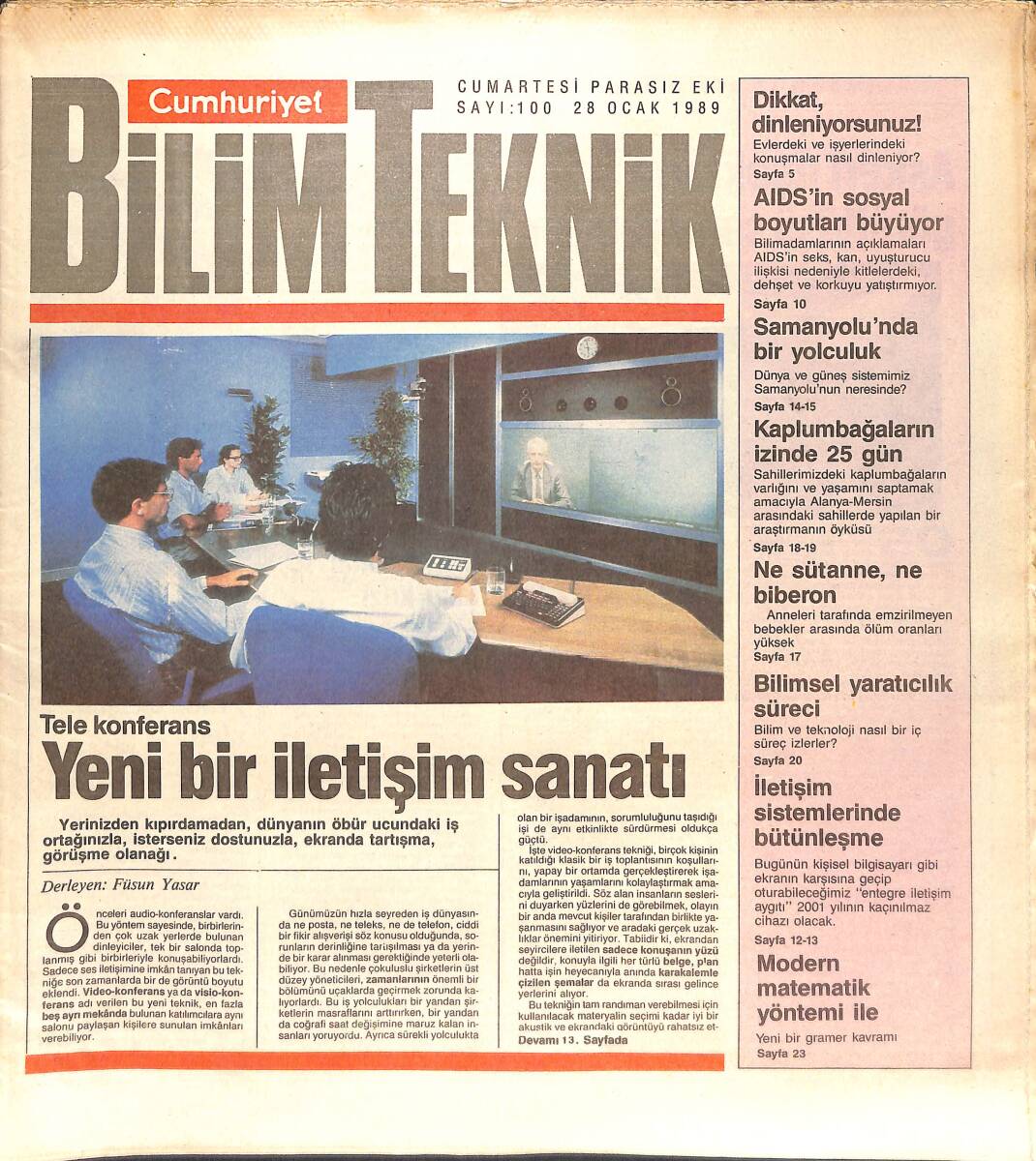 Cumhuriyet Gazetesi Bilim Teknik Eki 28 Ocak 1989 - Tele Konferans Yeni Bir İletişim Sanatı - Bilimsel Yaratıcılık Süreci GZ137427 - 1