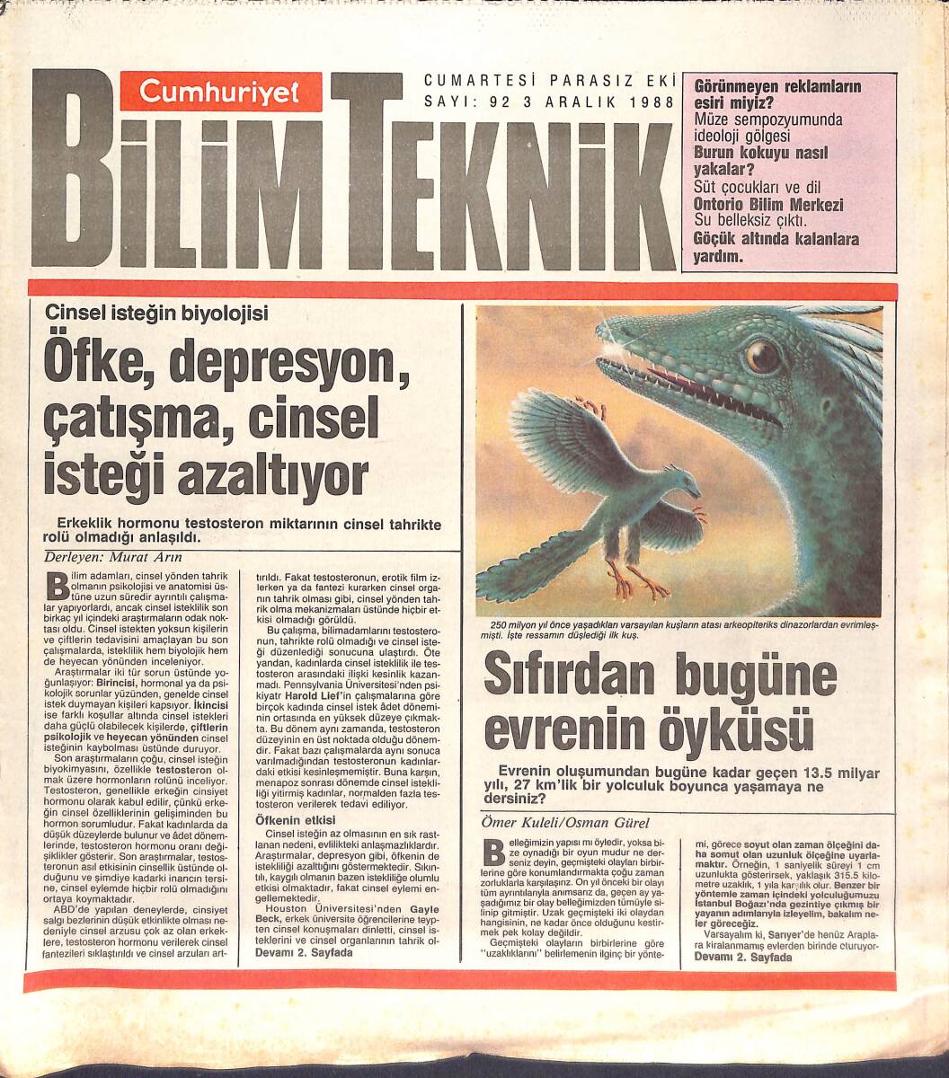 Cumhuriyet Gazetesi Bilim Teknik Eki 3 Aralık 1988 - Sıfırdan Bugüne Evrenin Öyküsü - Görünmeyen Reklamların Esiri Miyiz? GZ137430 - 1