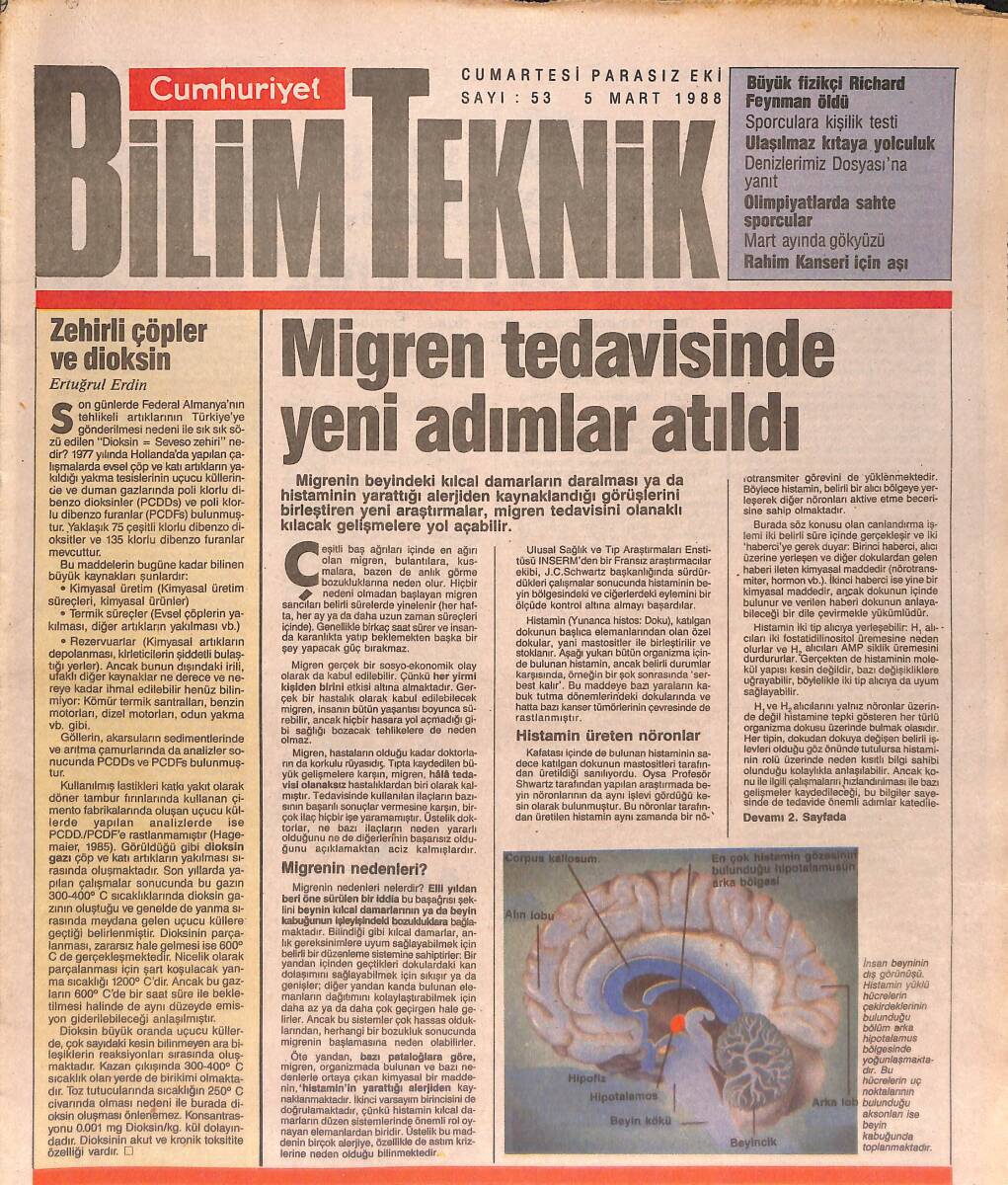Cumhuriyet Gazetesi Bilim Teknik Eki 5 Mart 1988 - Migren Tedavisinde Yeni Adımlar Atıldı - Olimpiyatlarda Sahte Sporcular GZ137462 - 1