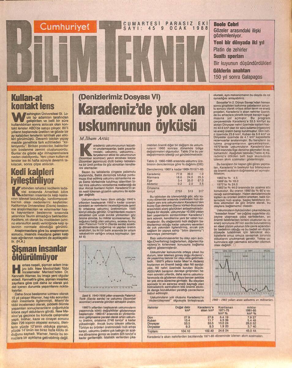 Cumhuriyet Gazetesi Bilim Teknik Eki 9 Ocak 1988 - Karadeniz'de Yok Olan Uskumrunun Öyküsü - Kedi Kalpleri İyileştiriyor - Başka Bir Dünya'da 2 Yıl GZ137367 - 1