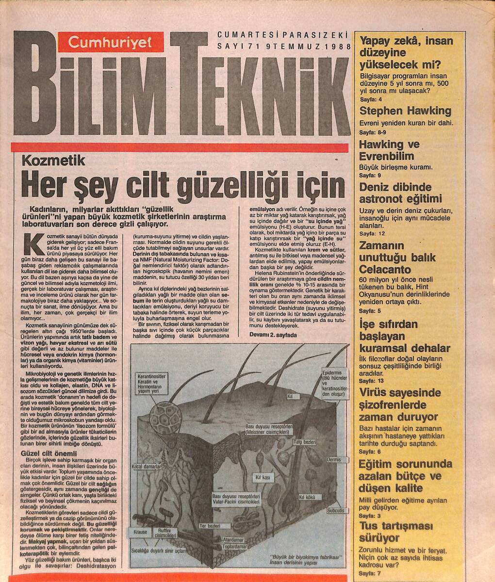 Cumhuriyet Gazetesi Bilim Teknik Eki 9 Temmuz 1988 - Her Şey Cilt Güzelliği İçin - Kurşun Ve Asbest Zehirlenmesi Nasıl Olur? GZ137448 - 1