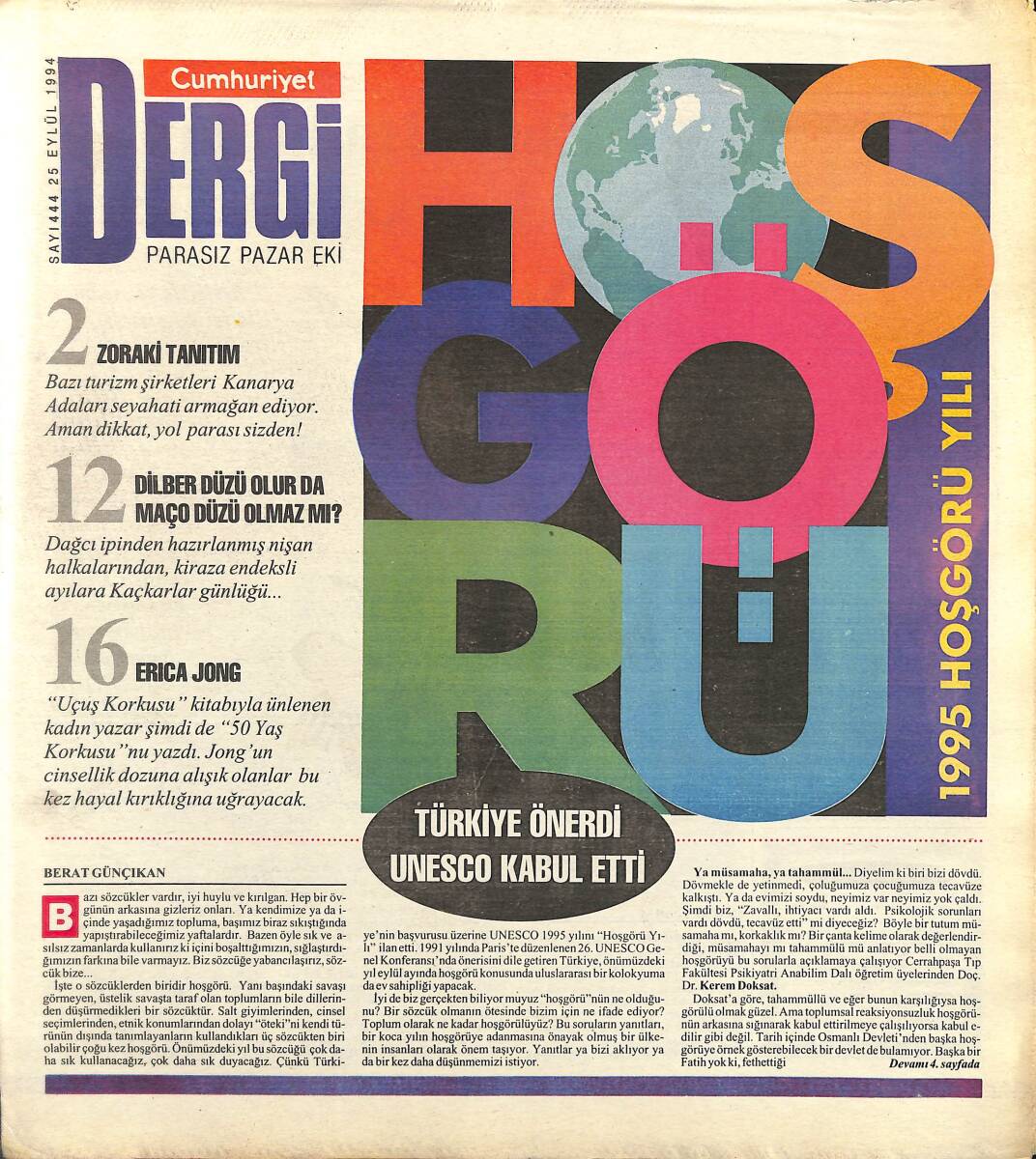 Cumhuriyet Gazetesi Dergi Eki 25 Eylül 1994 - Erica Jong Bu Kez ''50 Yaş Korkusu''nu Yazdı GZ155697 - 1
