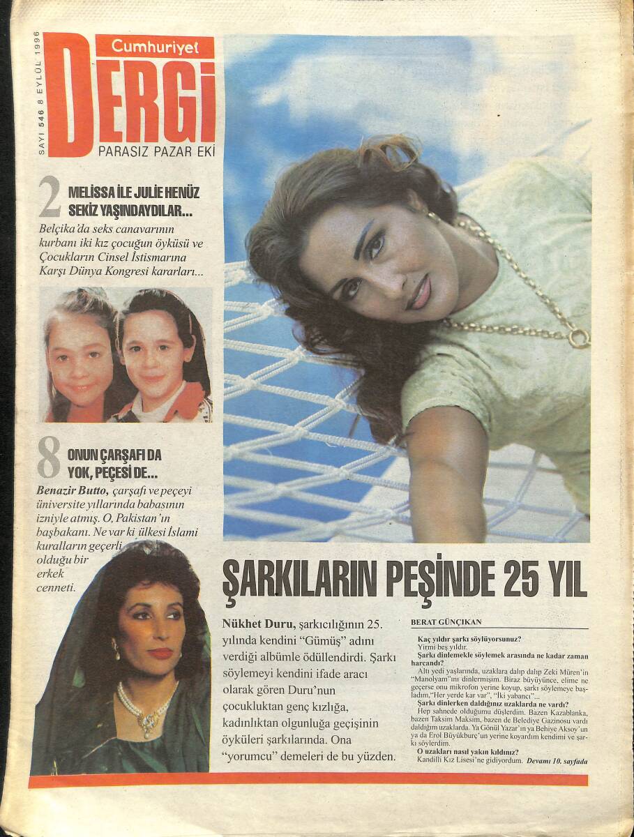 Cumhuriyet Gazetesi Dergi Eki 8 Eylül 1996 - Nükhet Duru , Şarkıcılığının 25.Yılında Kendini ''Gümüş'' Adını Verdiği Albümle Ödüllendirdi GZ155606 - 1