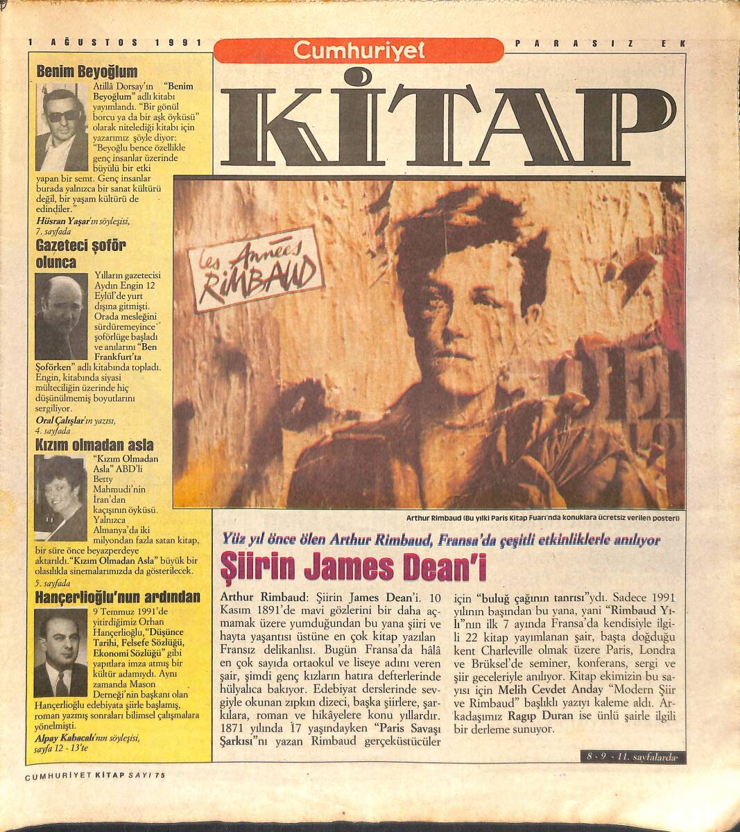 Cumhuriyet Gazetesi Kitap Eki 1 Ağustos 1991 - Bedri Rahmi Eyuboğlu'nun Yazıları - Orhan Hançerlioğlu Bir Bilgi Tutkunuydu GZ137471 - 1